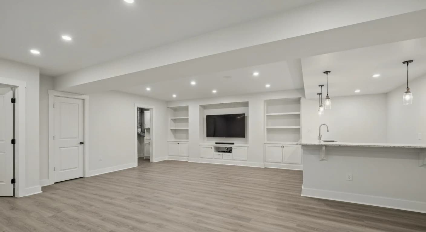 Finished Denver basement with LVP flooring, media room and bar area