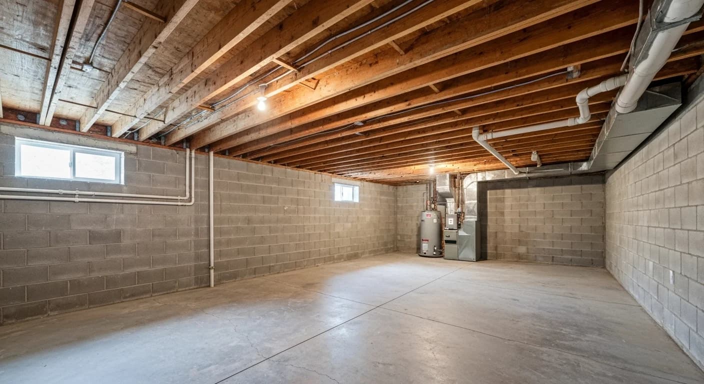 Unfinished Denver basement before renovation, concrete walls and exposed joists