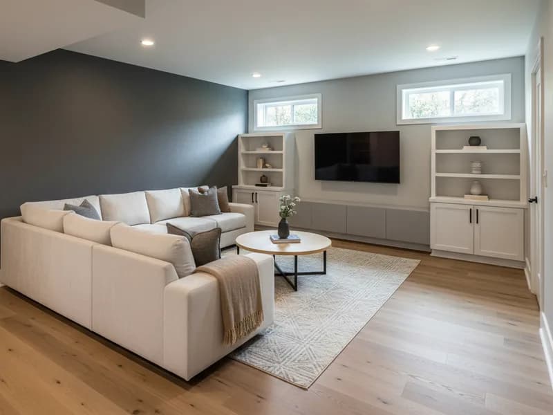Finished basement entertainment room with built-in shelving, recessed lighting and cozy seating area