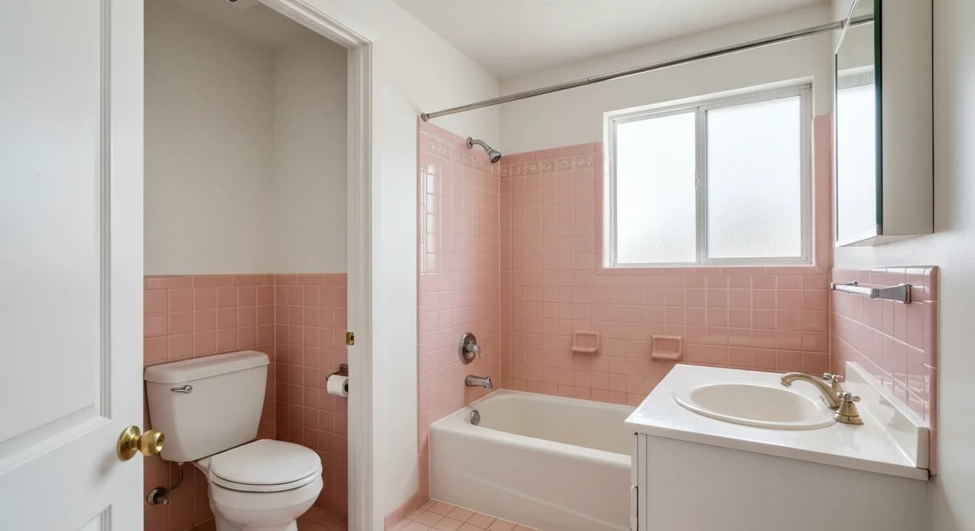 Denver bathroom before renovation, 1990s pink tile and builder-grade fixtures