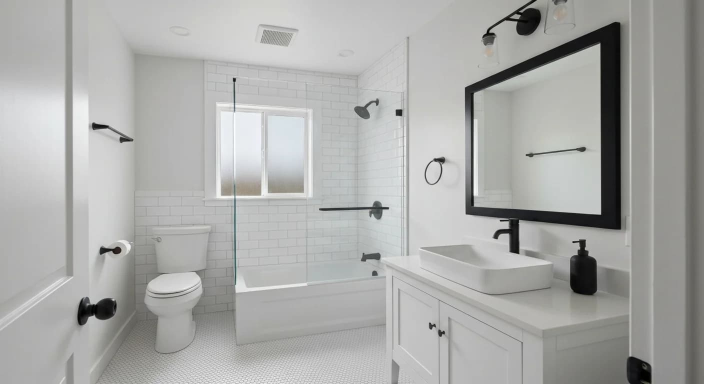 Completed bathroom remodel in Denver with hex tile and matte black fixtures