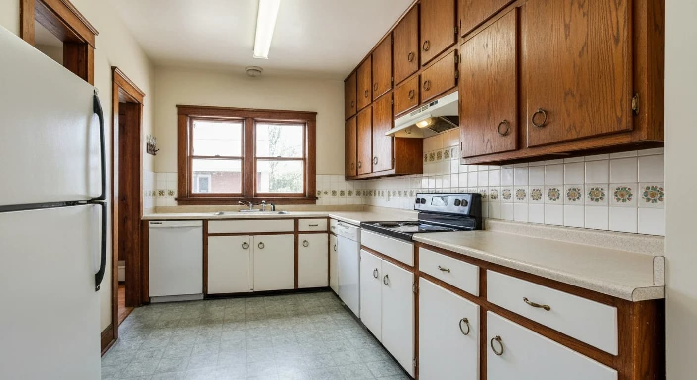 Dated galley kitchen in Denver before remodel, laminate and oak cabinets