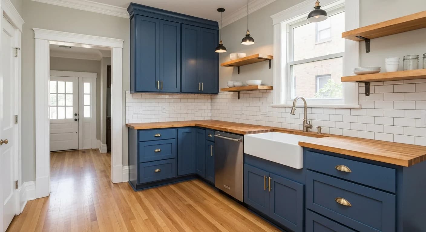 Completed kitchen remodel in Denver craftsman with navy cabinets and butcher block