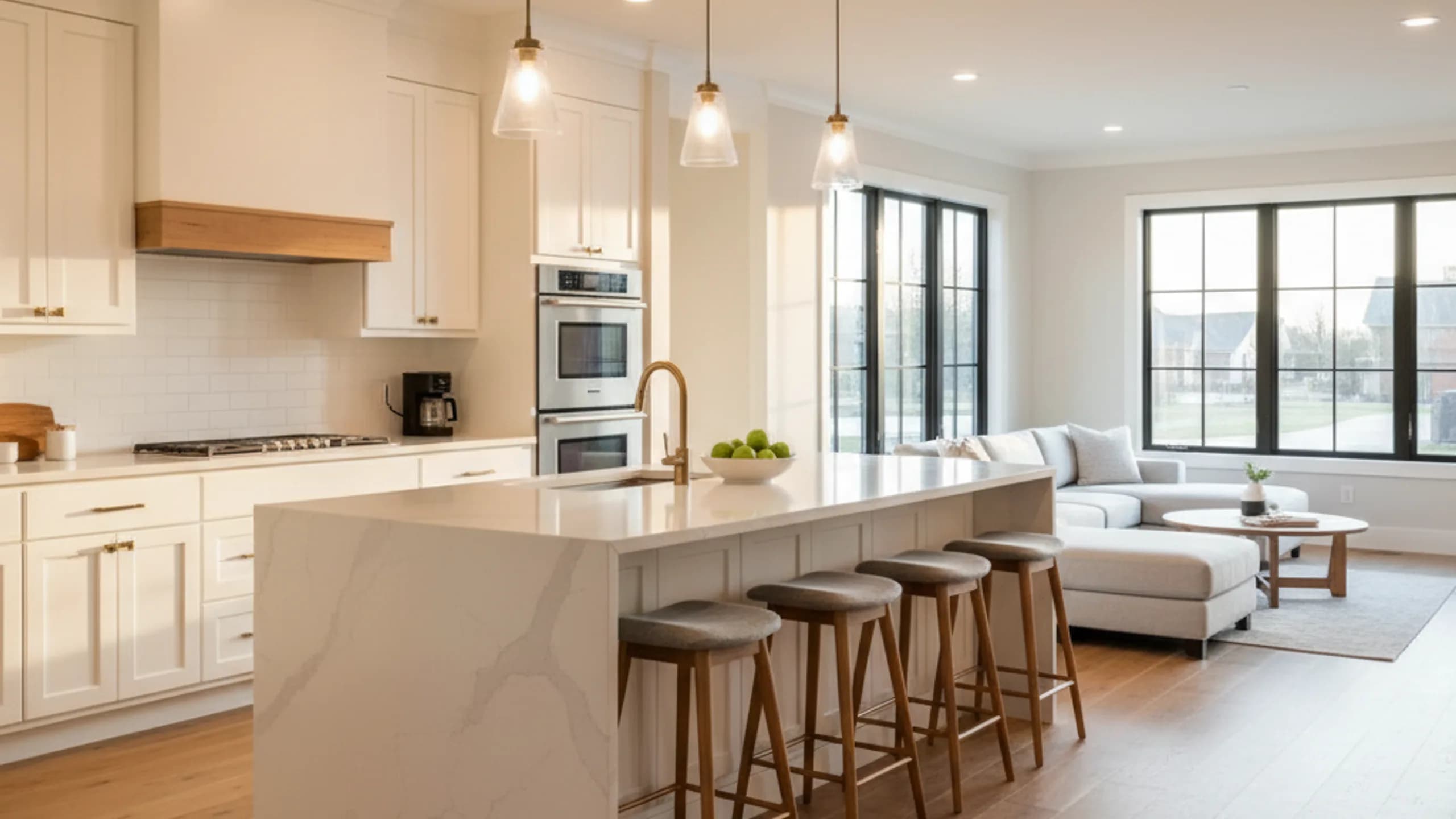Contemporary kitchen with white shaker cabinets, marble countertops and large center island in Denver home