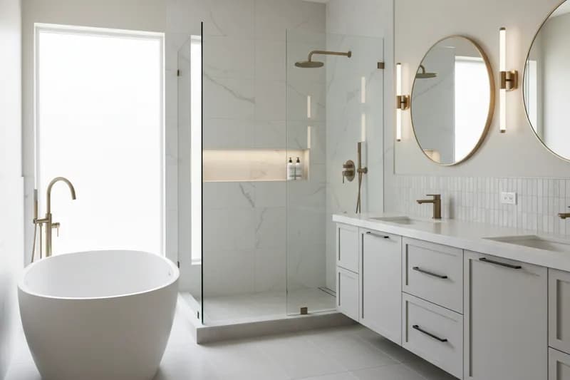 Luxury spa bathroom with freestanding soaking tub, frameless glass shower and elegant tile work