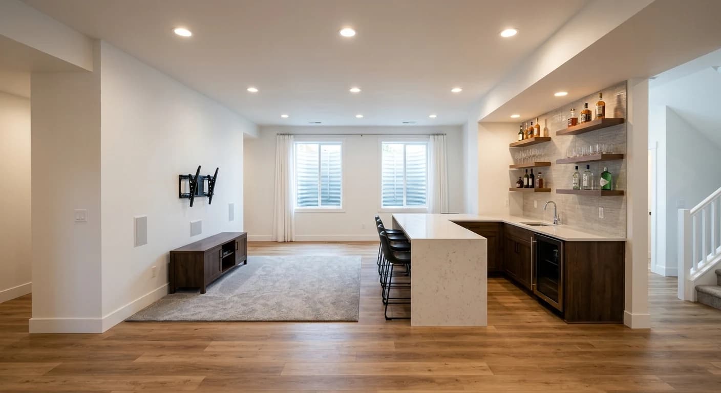 Finished Denver basement with LVP flooring, media room and bar area
