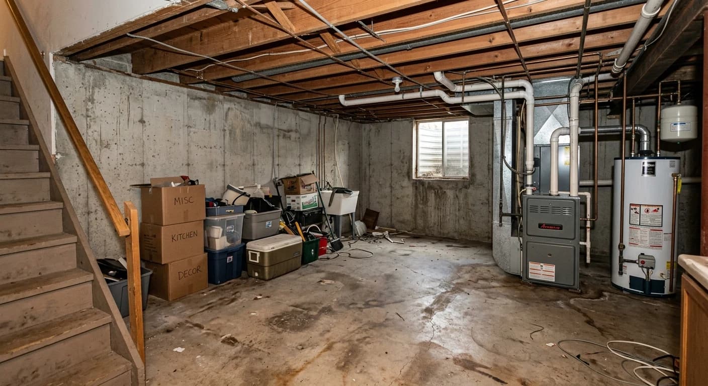 Unfinished Denver basement before renovation, concrete walls and exposed joists