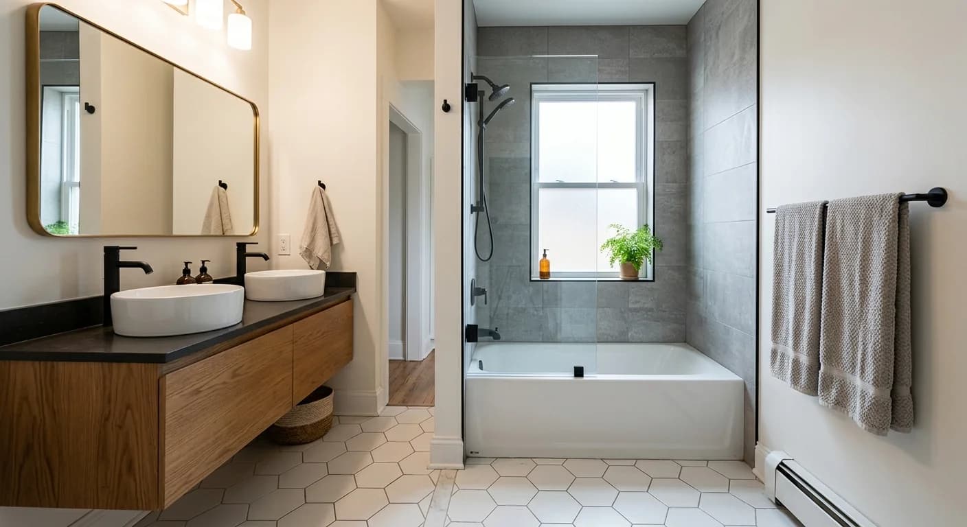 Completed bathroom remodel in Denver with hex tile and matte black fixtures