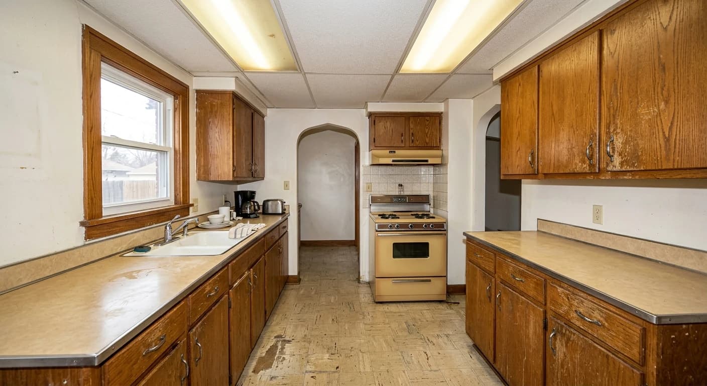 Dated galley kitchen in Denver before remodel, laminate and oak cabinets
