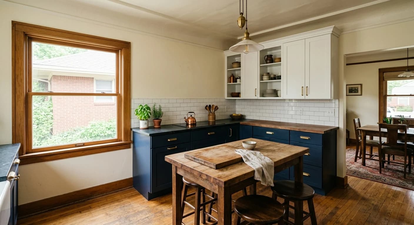 Completed kitchen remodel in Denver craftsman with navy cabinets and butcher block
