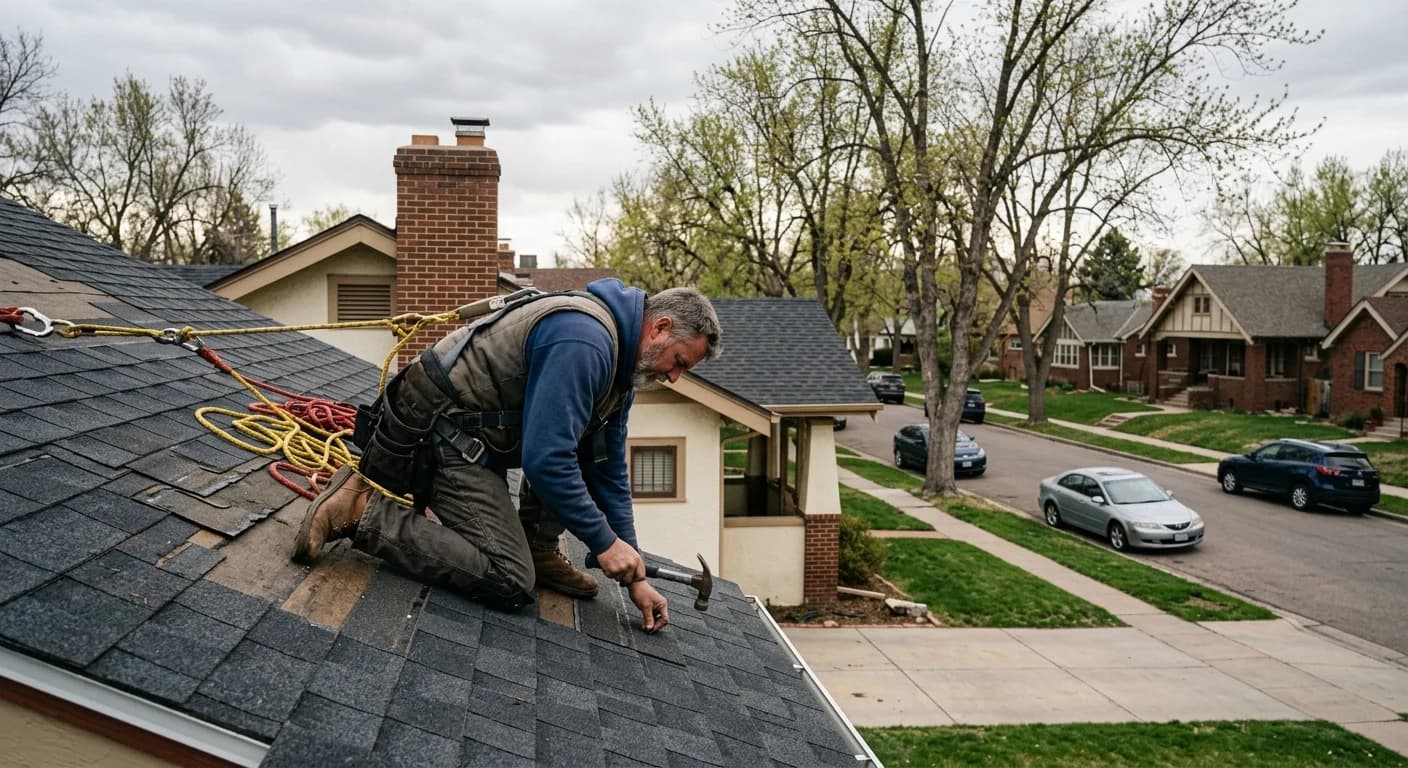 Roofer installing shingles Denver